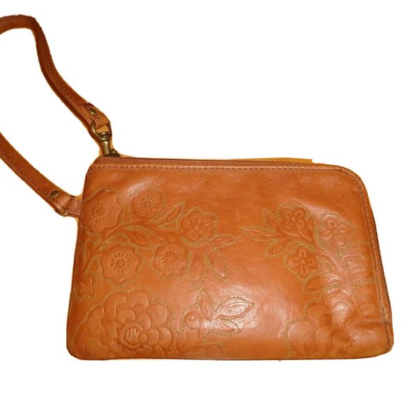 Fossil Handbags - Fossil Brown Floral Boho Embroidered Tan Leather Wristlet Wallet Clutch …